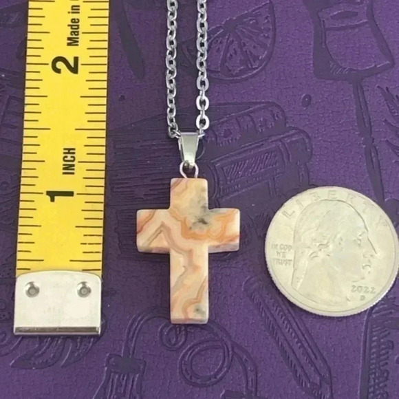 Crazy Lace Agate Cross Natural Stainless Steel Necklace NWT - Picture 3 of 4